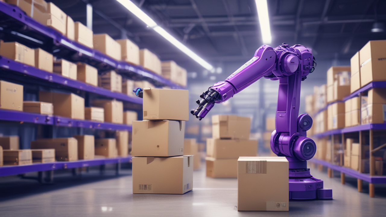 Robotic arm moving boxes in a warehouse with digital screens in a purple-toned setting