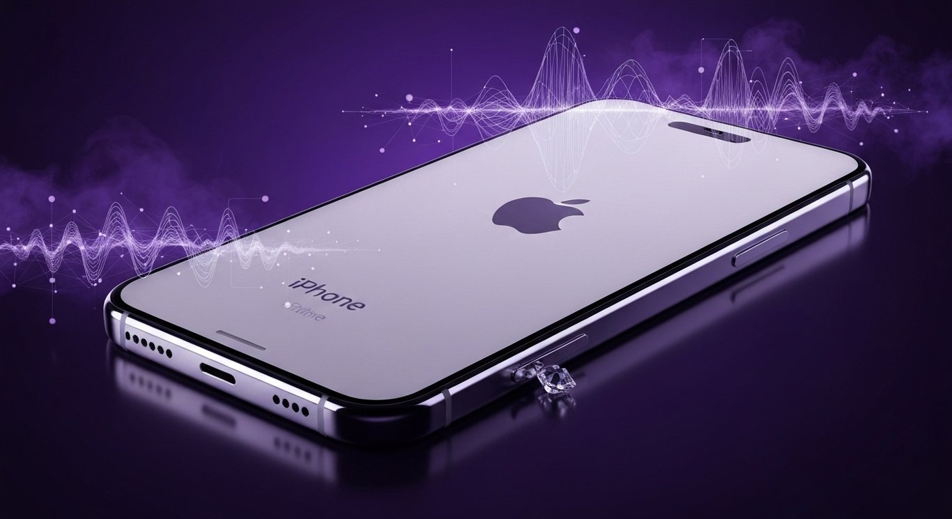 Apple iPhone 17 AI challenge visual: ultra-slim design vs mobile AI race, Apple logo in purple tones with neural networks and