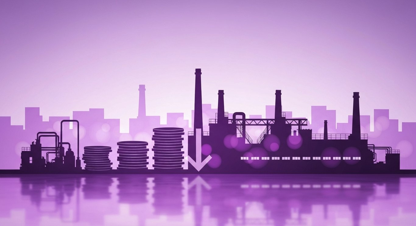 Industrial factory with stacked coins and a downward arrow against a soft purple gradient background