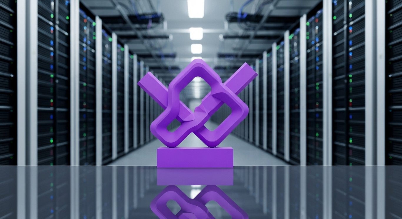 Abstract AI-themed sculpture on a reflective surface with futuristic data center elements in the background