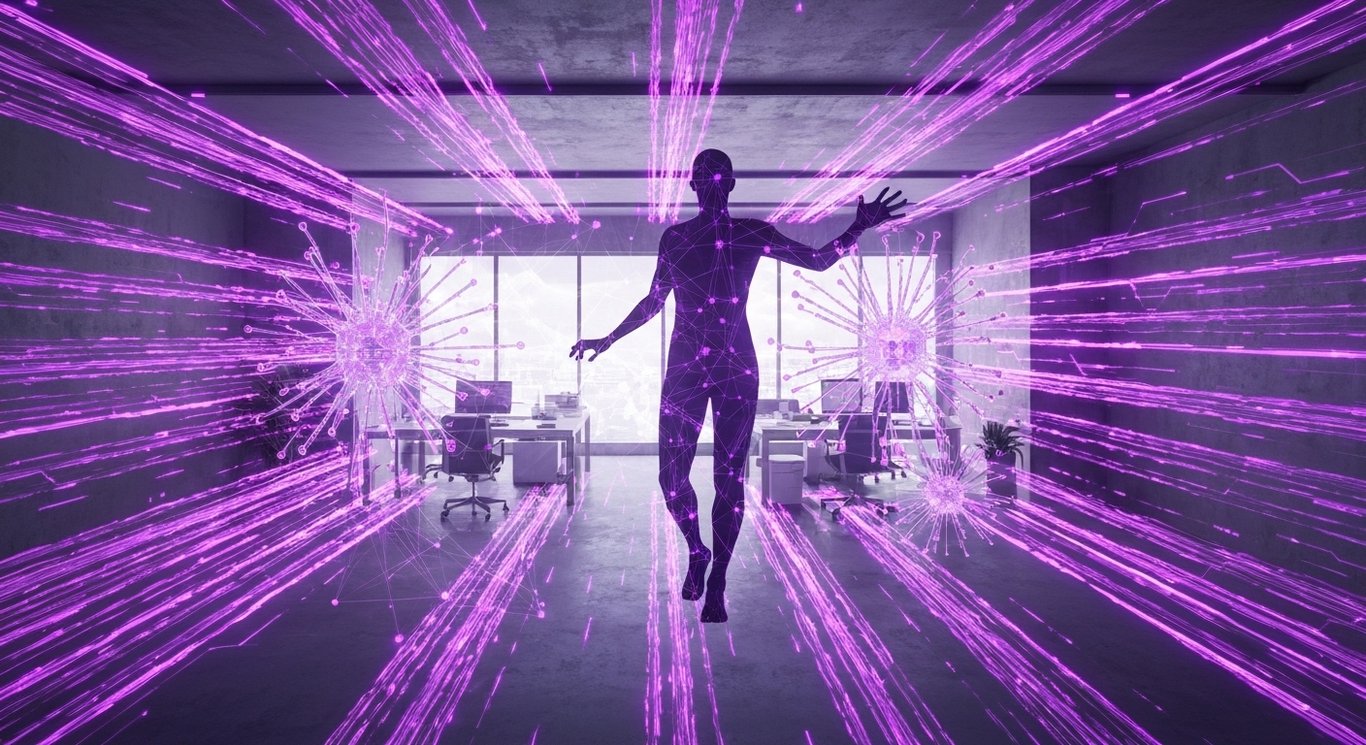 Abstract human figure with quantum circuits and AI patterns in a futuristic office with glowing purple accents