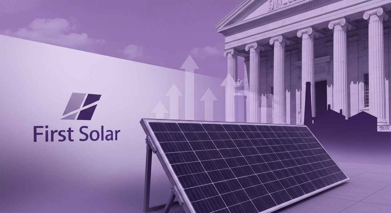 Logo on frosted glass with CdTe panels, Treasury columns, factory silhouette, tax credit icons in purple haze