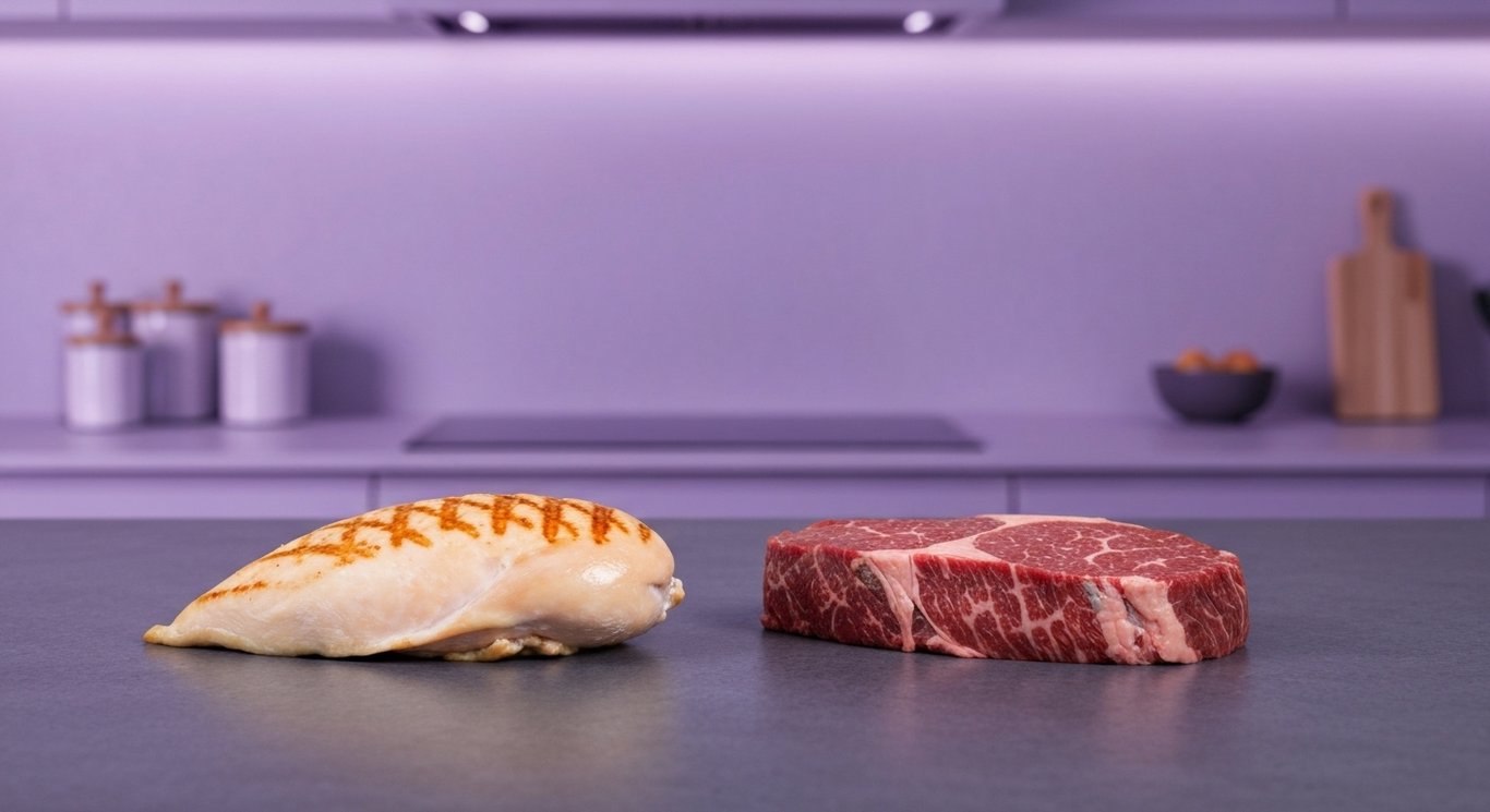 Cooked chicken breast and fresh beef steak on a smooth surface with a soft purple kitchen background