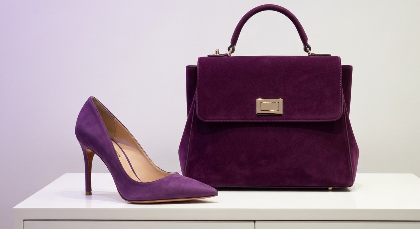 Elegant high heel shoes and handbag on a modern retail display with a soft purple background