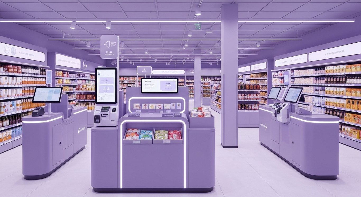 Grocery store checkout with digital displays and AI technology in a sleek purple-themed setting