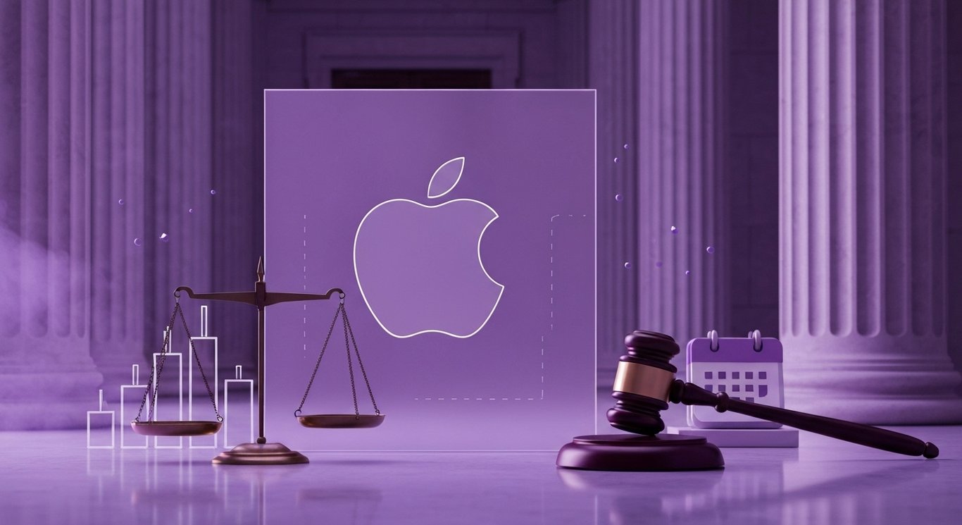 Logo with scales of justice, gavel, stock chart and calendar in purple haze, depicting securities case and AI claims