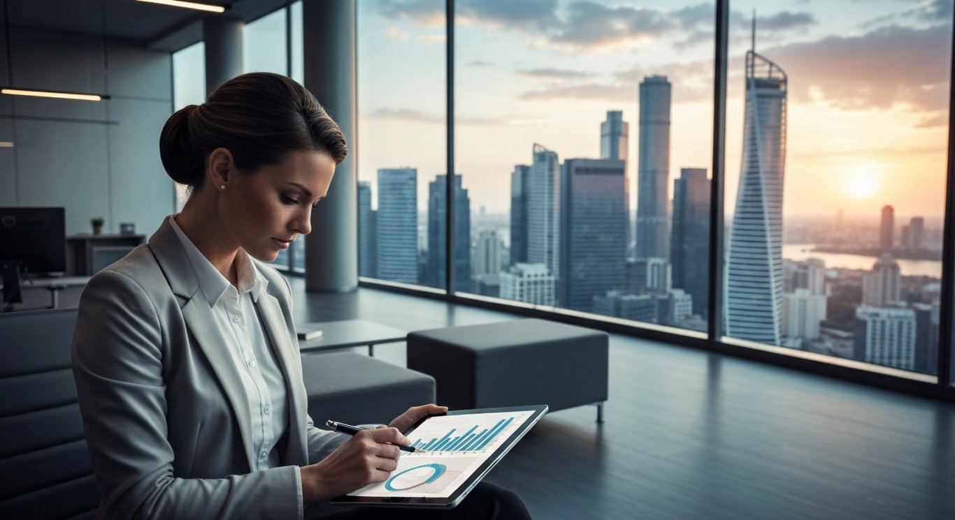 Businesswoman reviewing financial data on a tablet in a modern office with a purple city background