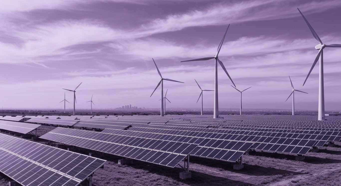Solar panels and wind turbines on open land beneath a purple-toned sky with a distant city in the background