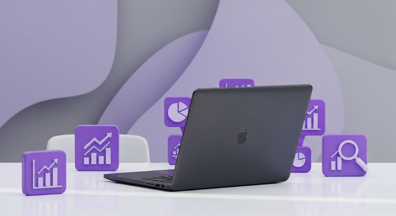Modern laptop on a clean desk with digital marketing icons and an abstract purple background