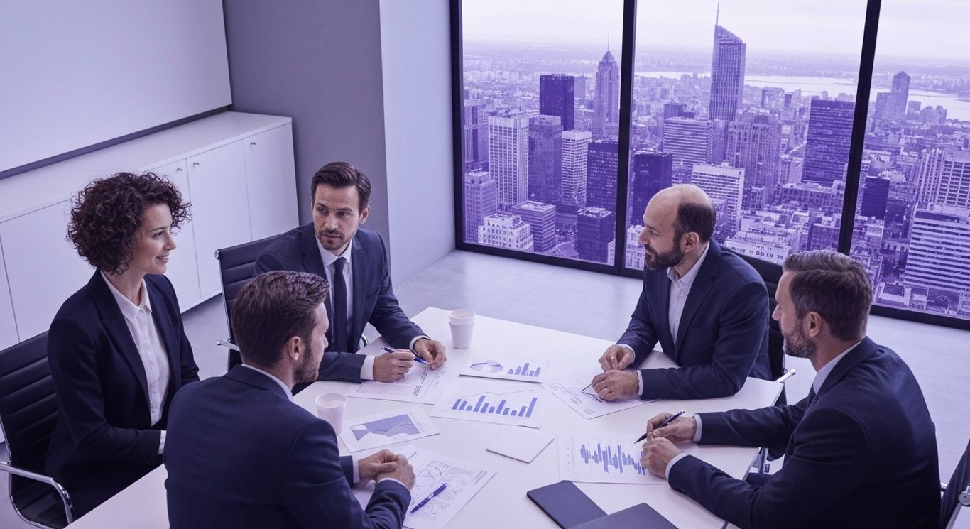 Business professionals meeting in a sleek office with growth charts and cityscape visible through large windows