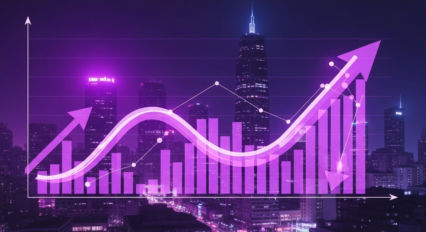 Stock market graph with arrows set against a futuristic cityscape and a purple-themed background