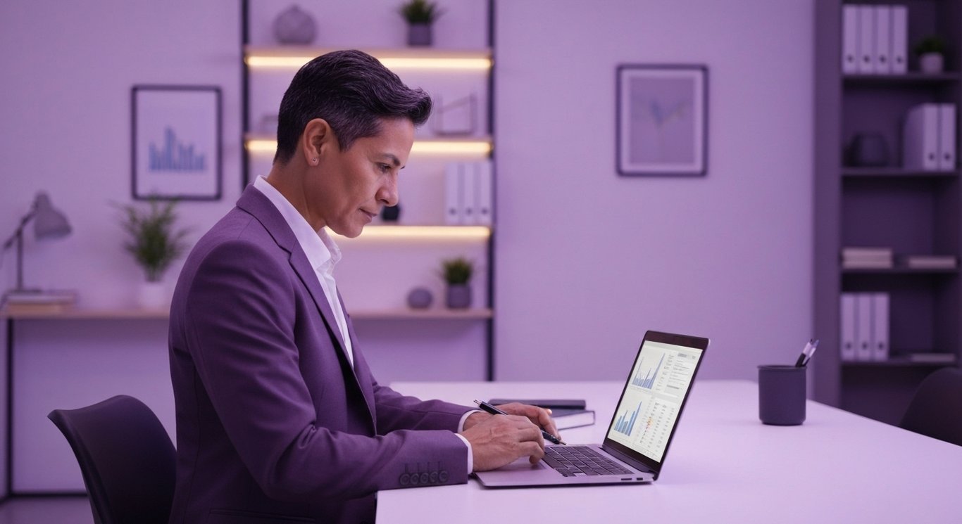 Businessperson reviewing financial charts on laptop in a modern office with a purple-themed background