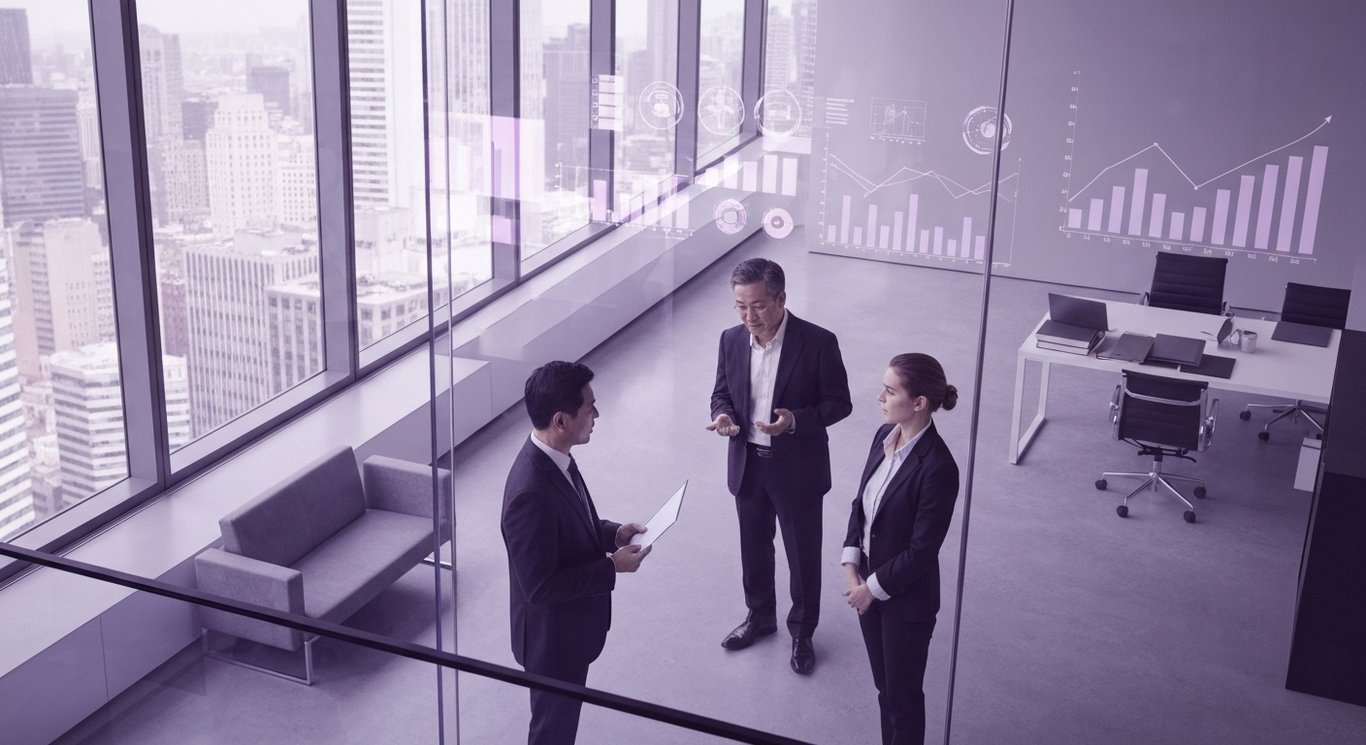 Business executives in a modern office with abstract purple graphs in the background