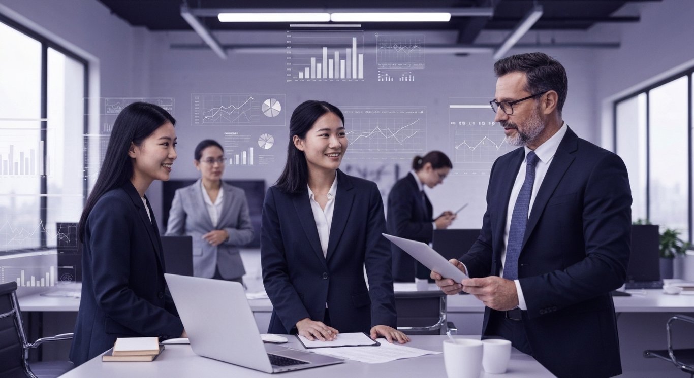 Business professionals analyzing digital charts in a modern office with a purple-themed background