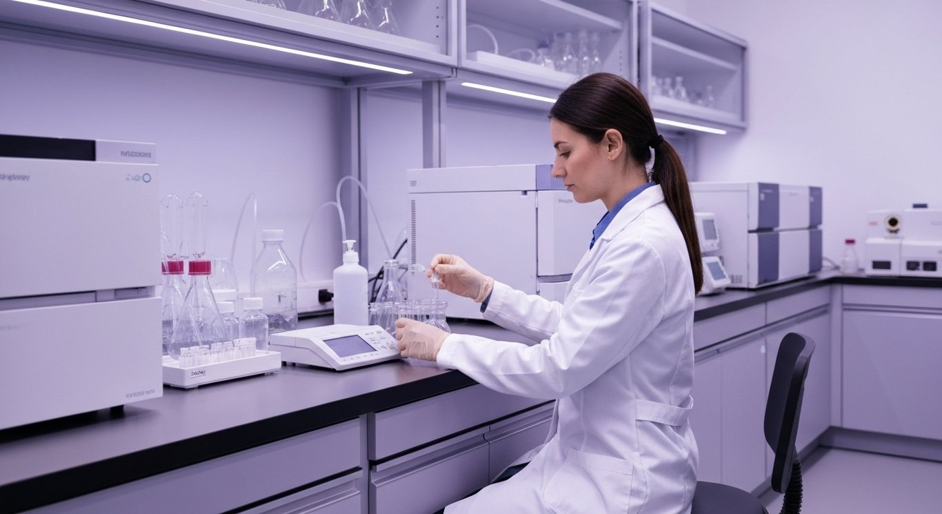 Female scientist in lab coat examines samples in a modern lab with a subtle purple background