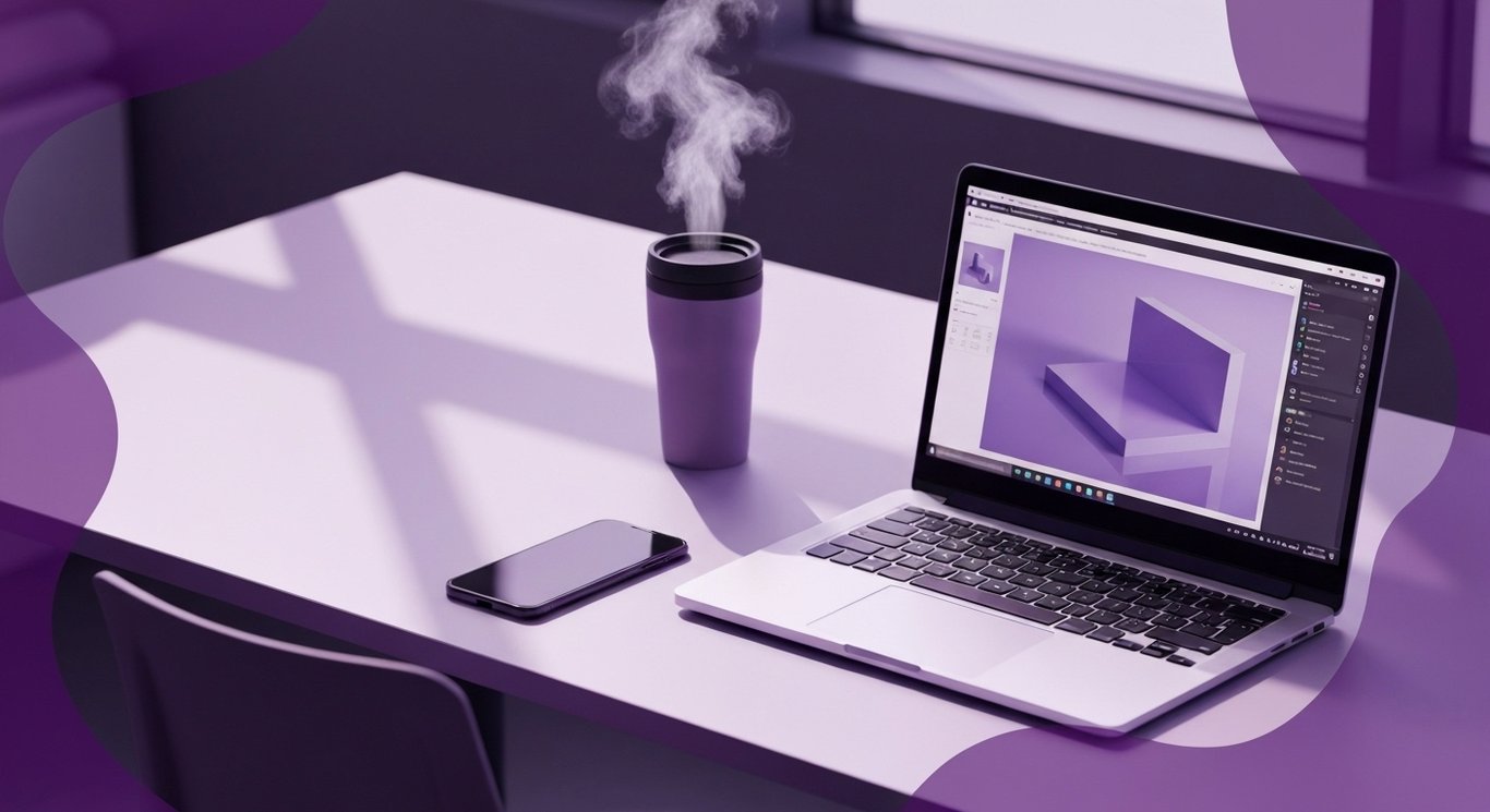 Digital workspace featuring a laptop, smartphone, and coffee cup in a bright office with purple accents