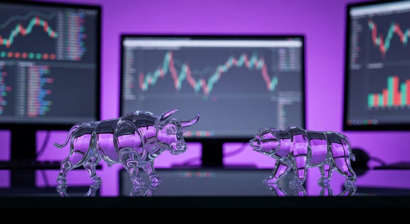Crystal bull and bear figurines on glass desk with blurred purple gradient background