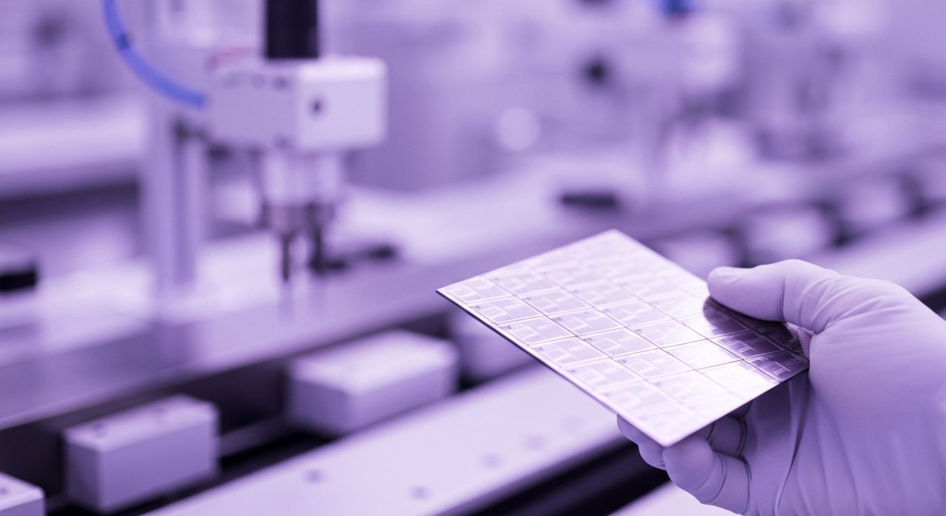 Silicon wafer held by a gloved hand in a cleanroom, blurred robotic tools in the background with soft purple bokeh