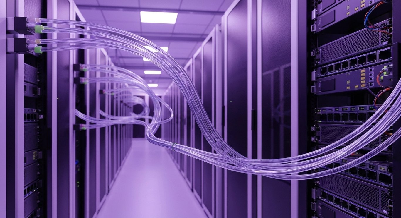 Glass fiber cables in server racks illuminated by soft purple lighting