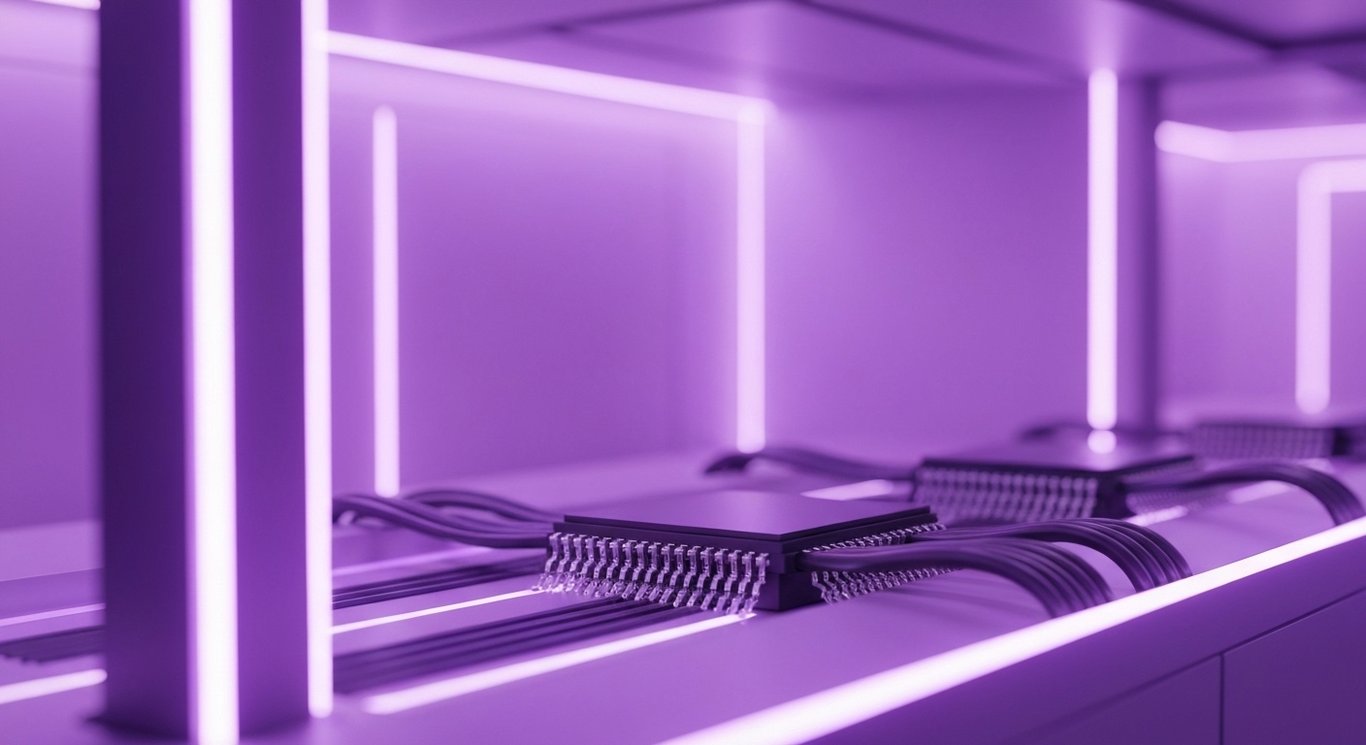 High-speed computer chips and network cables in a futuristic data center with purple lighting