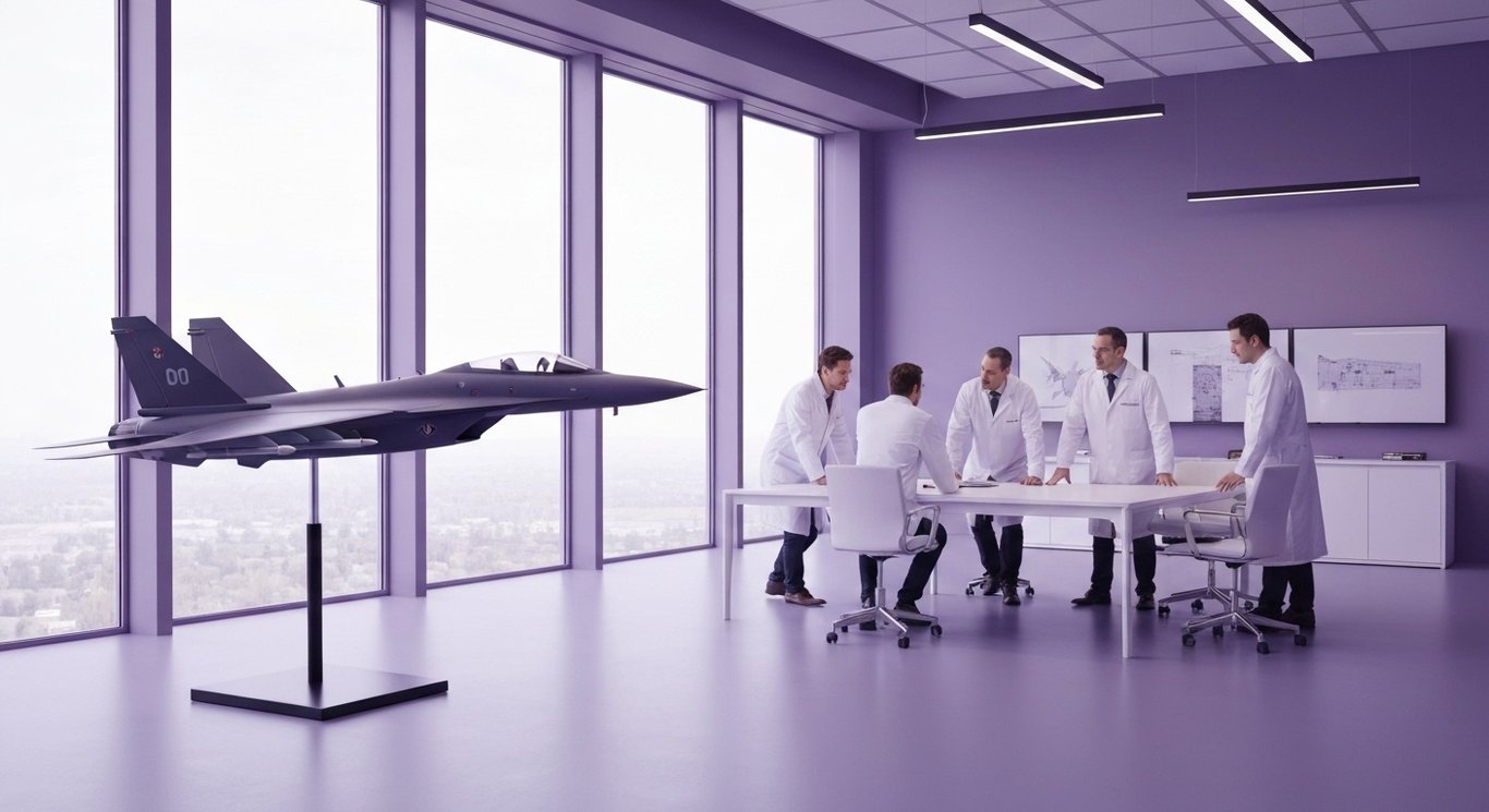 Modern fighter jet model on a table, engineers conversing nearby in a bright, purple-toned office