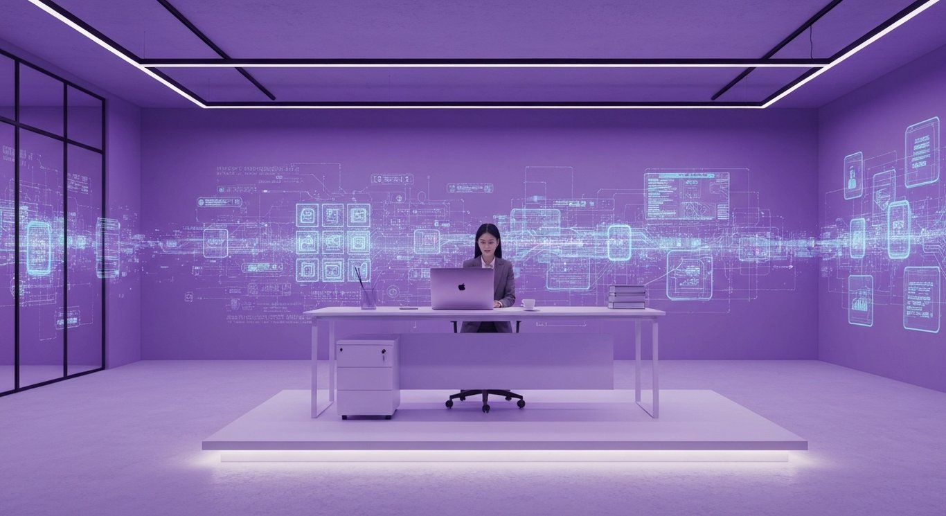 Modern office workspace featuring abstract digital elements and a purple minimalist background