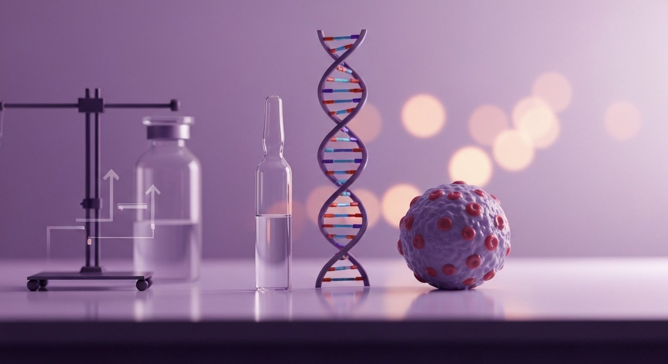 Glass vaccine vial beside DNA helix and tumor cell model on a sleek lab bench with a subtle upward arrow