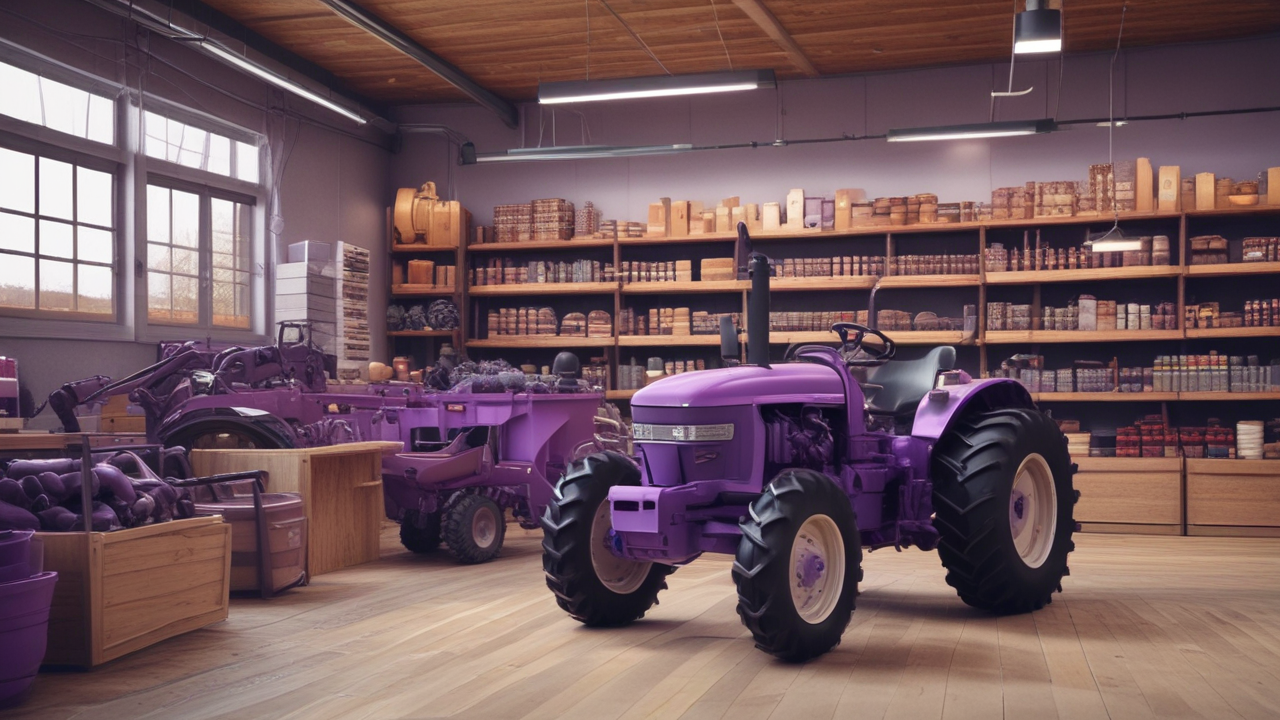 Modern farm equipment on a wooden floor in a spacious store with a purple-themed background