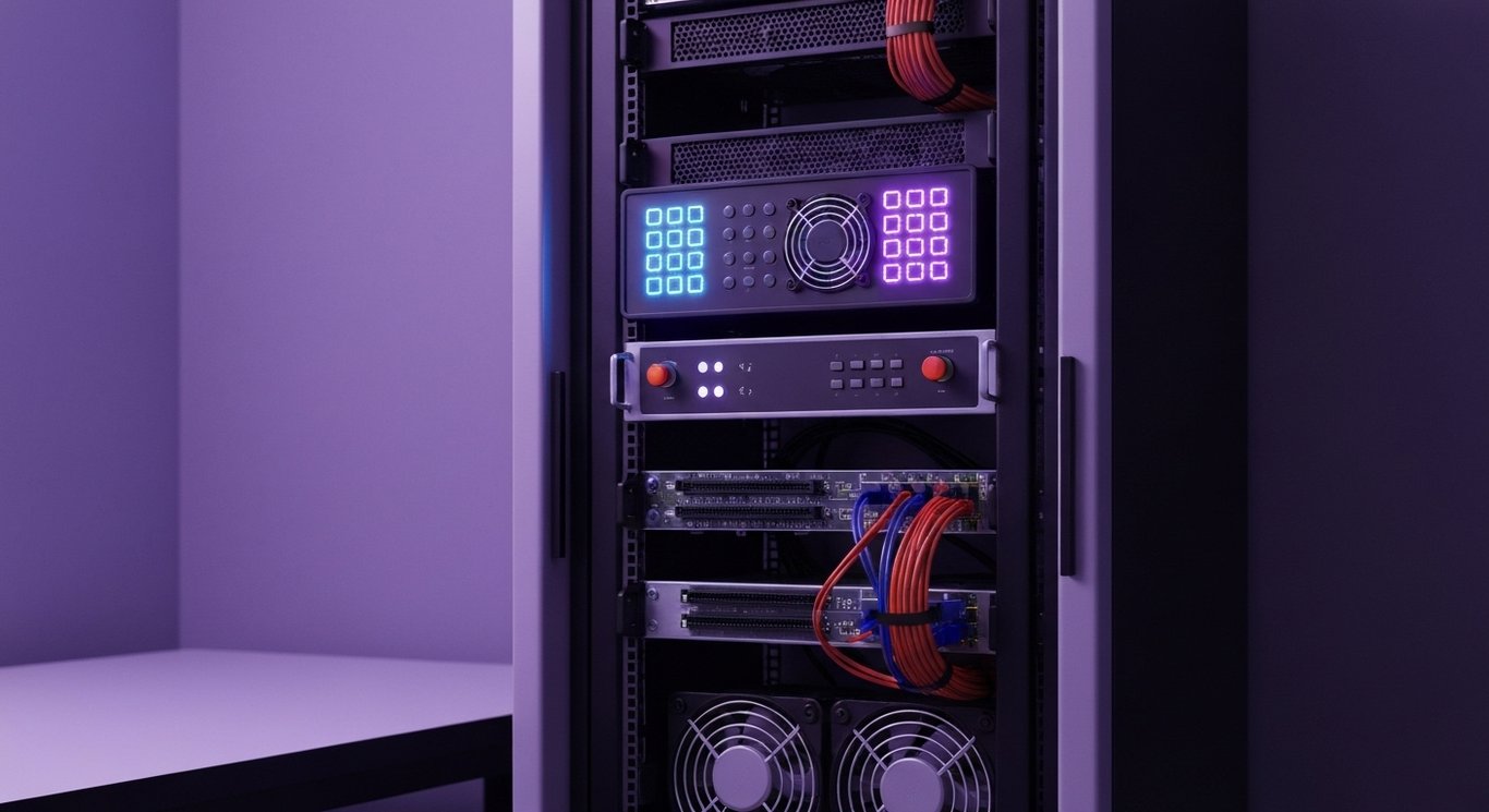 Modern server rack featuring advanced AI hardware in a sleek workspace with purple lighting accents