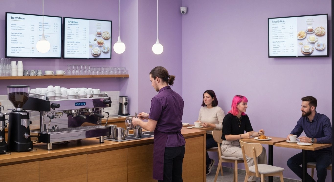 Barista making coffee drinks in a modern cafe with customers and digital screens, all in a purple-toned setting