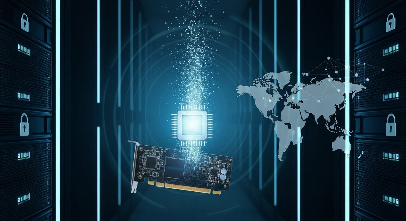 Graphics accelerator card in data center aisle with glowing racks, upward particles, rival chip shadow, faint map with pad