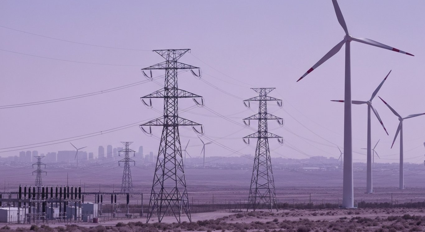 Modern electrical power station in a dry landscape with wind turbines and city skyline