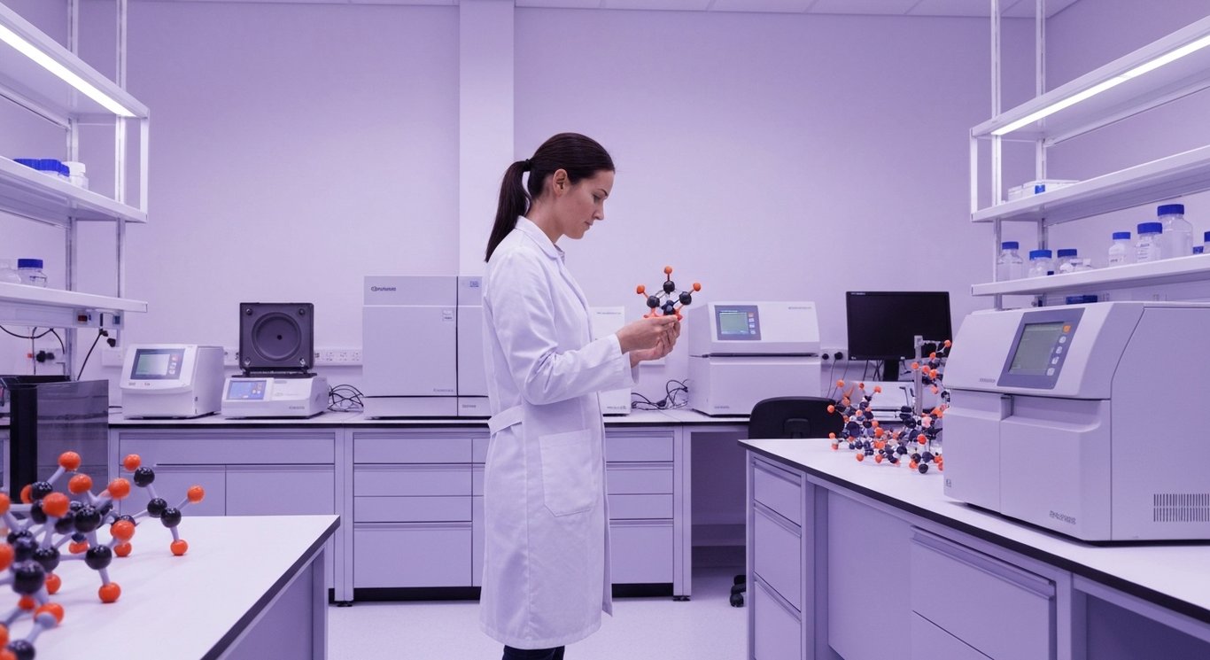 Scientist analyzing molecular structures in a modern lab with a purple-toned background