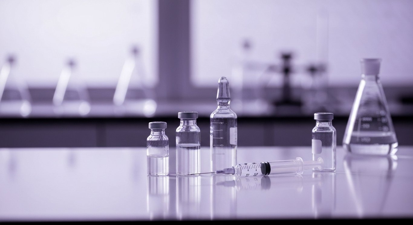 Laboratory glass vials and syringe on reflective table with blurred scientific equipment in the background