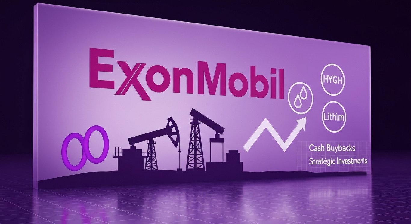 Logo in frosted glass with oil rigs, CCS loops, hydrogen and lithium icons, arrows balancing buybacks and low‑carbon spend
