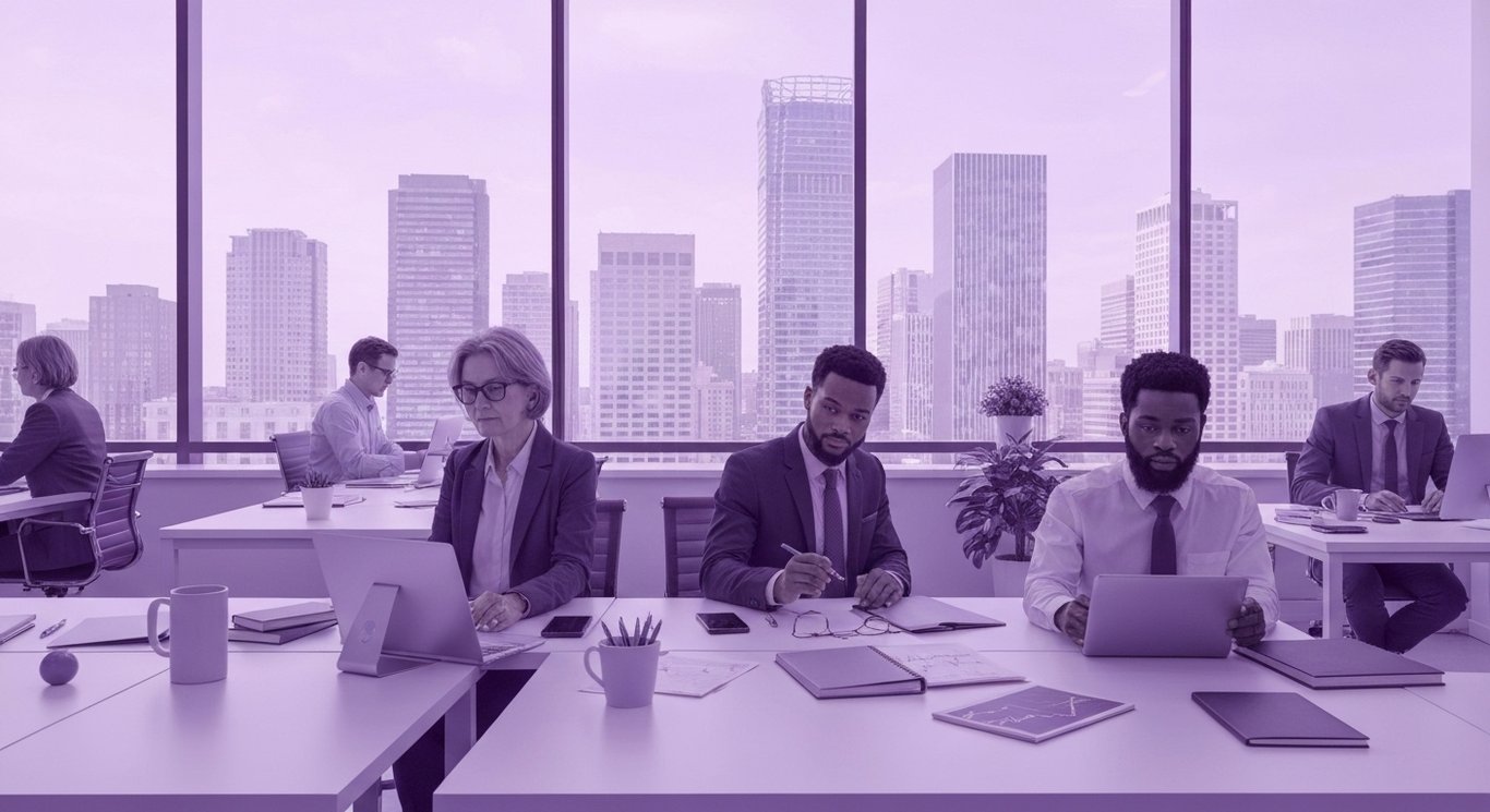 Corporate office workspace where diverse professionals review stock charts by a window with a purple cityscape