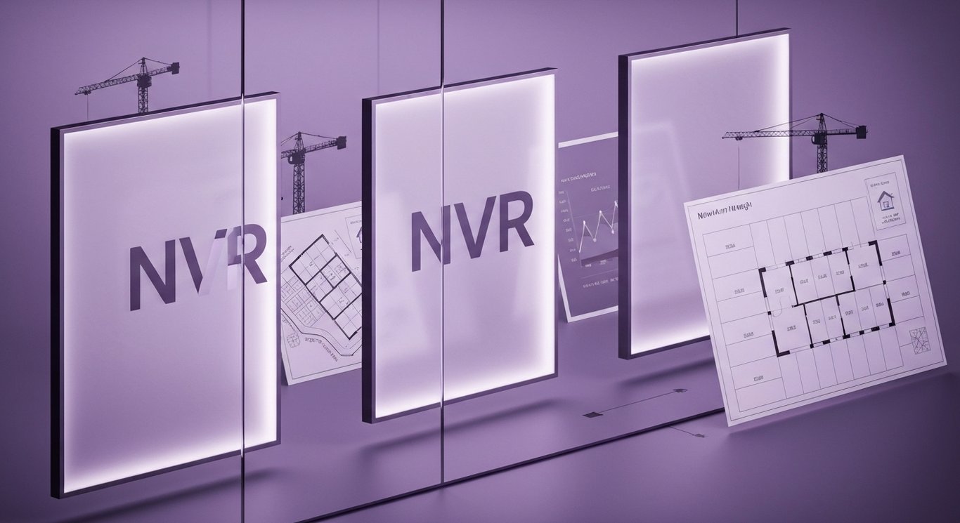NVR visual with homebuilding symbols highlighting land-light model, Q2 earnings, margin normalization, and capital allocation