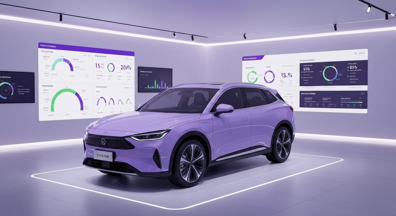 Electric SUV in a sleek showroom with digital charts and a soft purple background