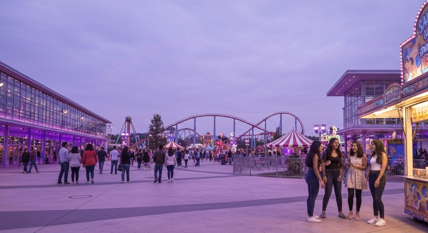 Amusement park with modern rides, visitors, and sleek buildings beneath a twilight purple sky
