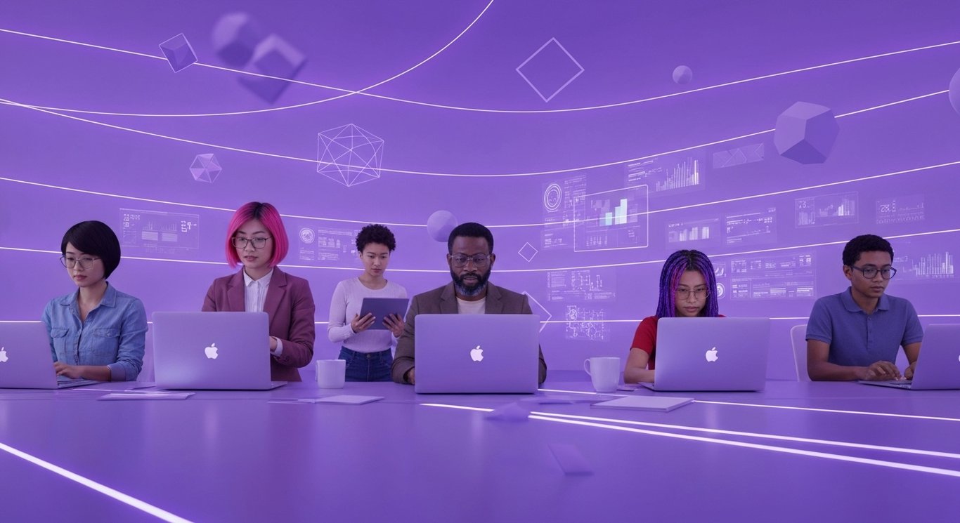 Group of digital creators working together in a virtual metaverse setting with a purple-themed background