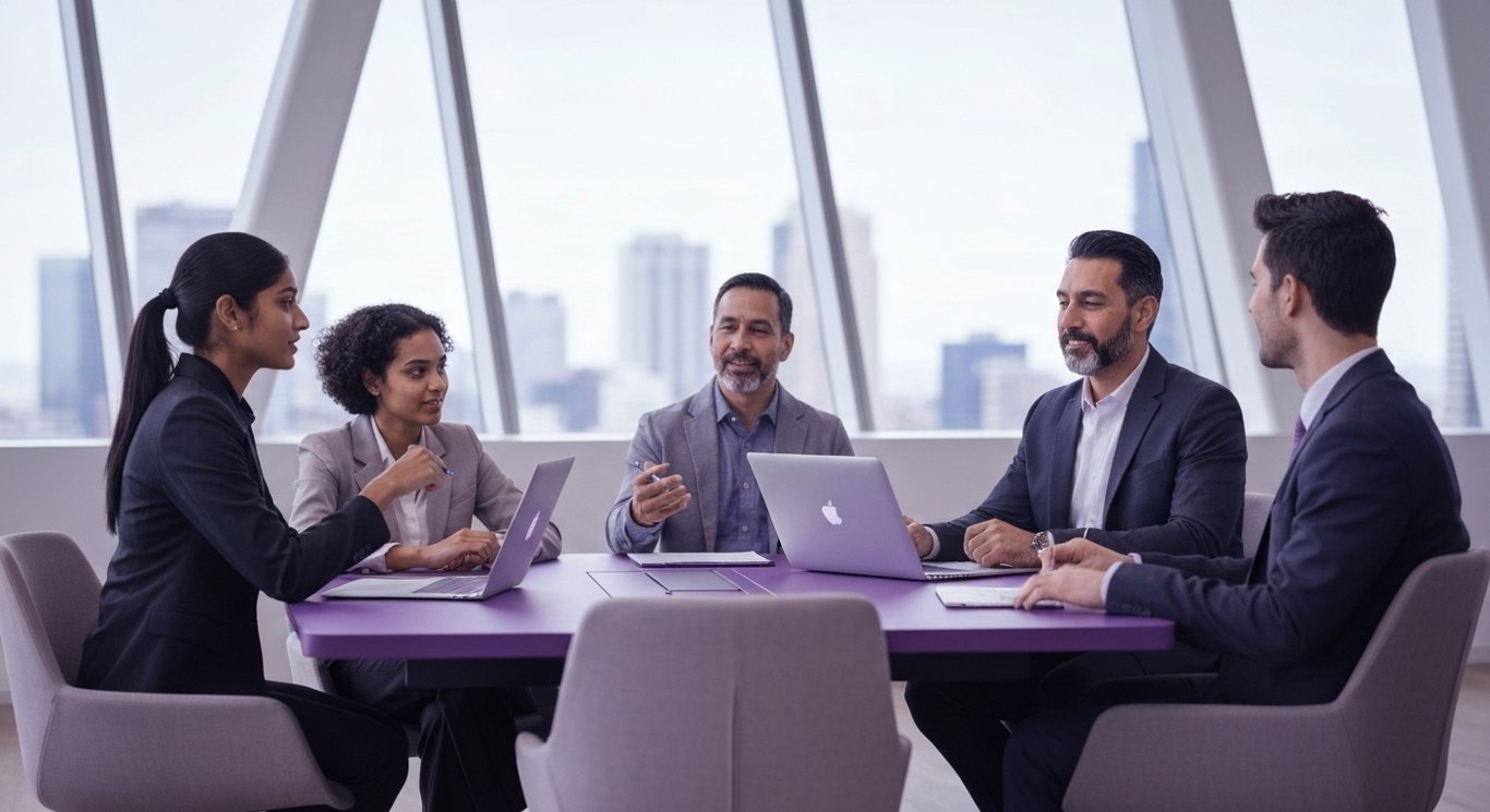 Group of businesspeople at a conference table with a city view and purple toned lighting