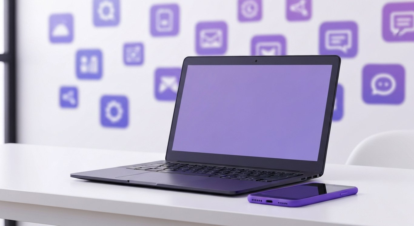Modern laptop and smartphone on a clean desk with abstract purple digital icons in the background