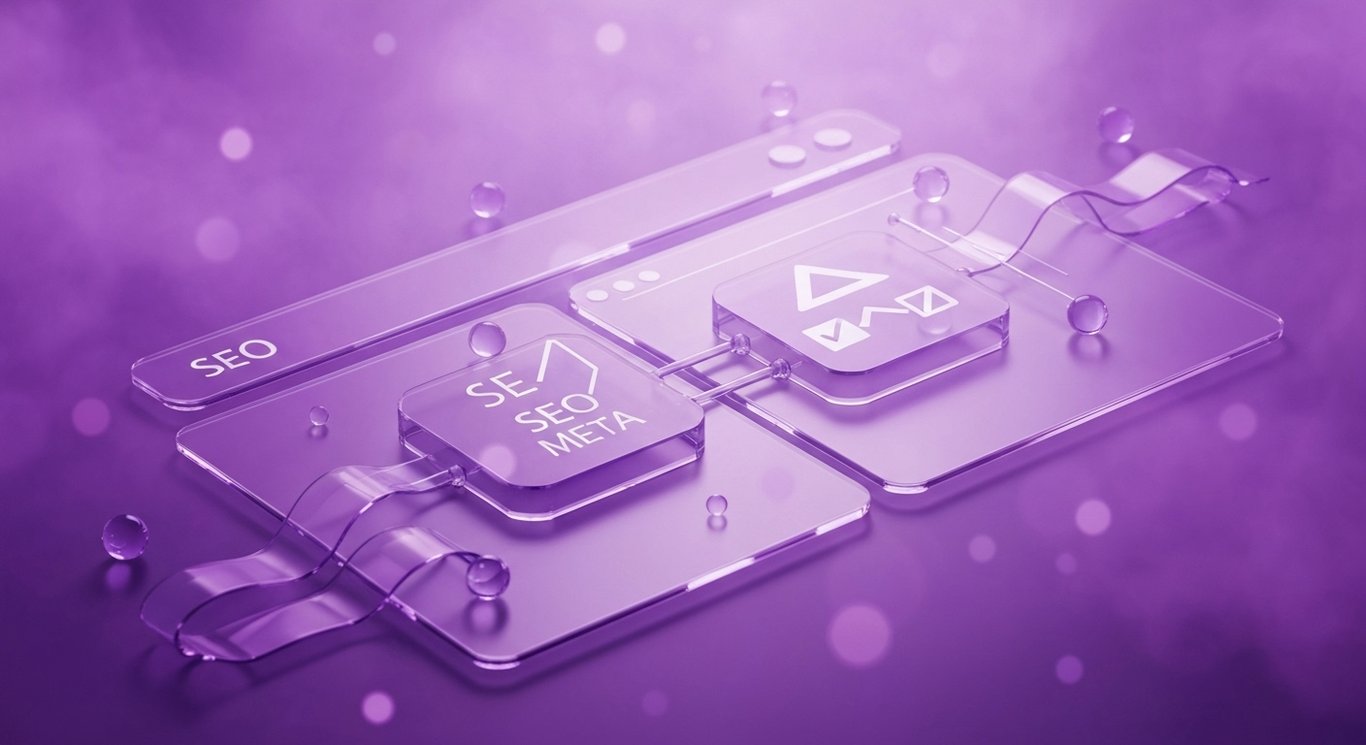 SEO meta tag and sitemap icons in abstract purple scene illustrating content outline planning and optimization