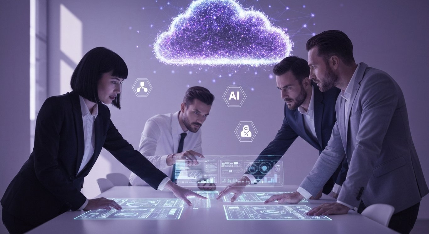 Business professionals using digital interfaces with abstract cloud and AI icons in a purple-toned setting