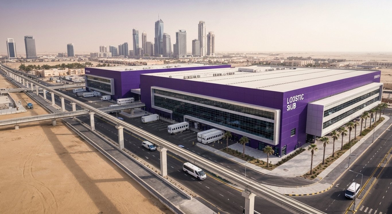 Modern logistics hub amid advanced transport in a vibrant desert city with a purple-themed minimalist look