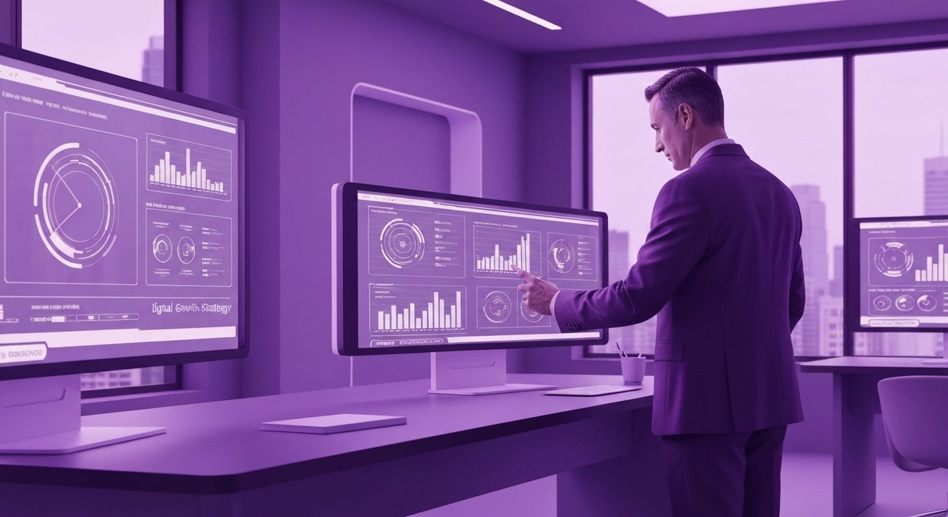 Business executive analyzes digital charts in a high-tech office with a soft purple hue