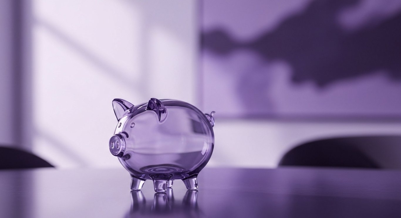 Glass piggy bank on reflective table with abstract purple-toned office background