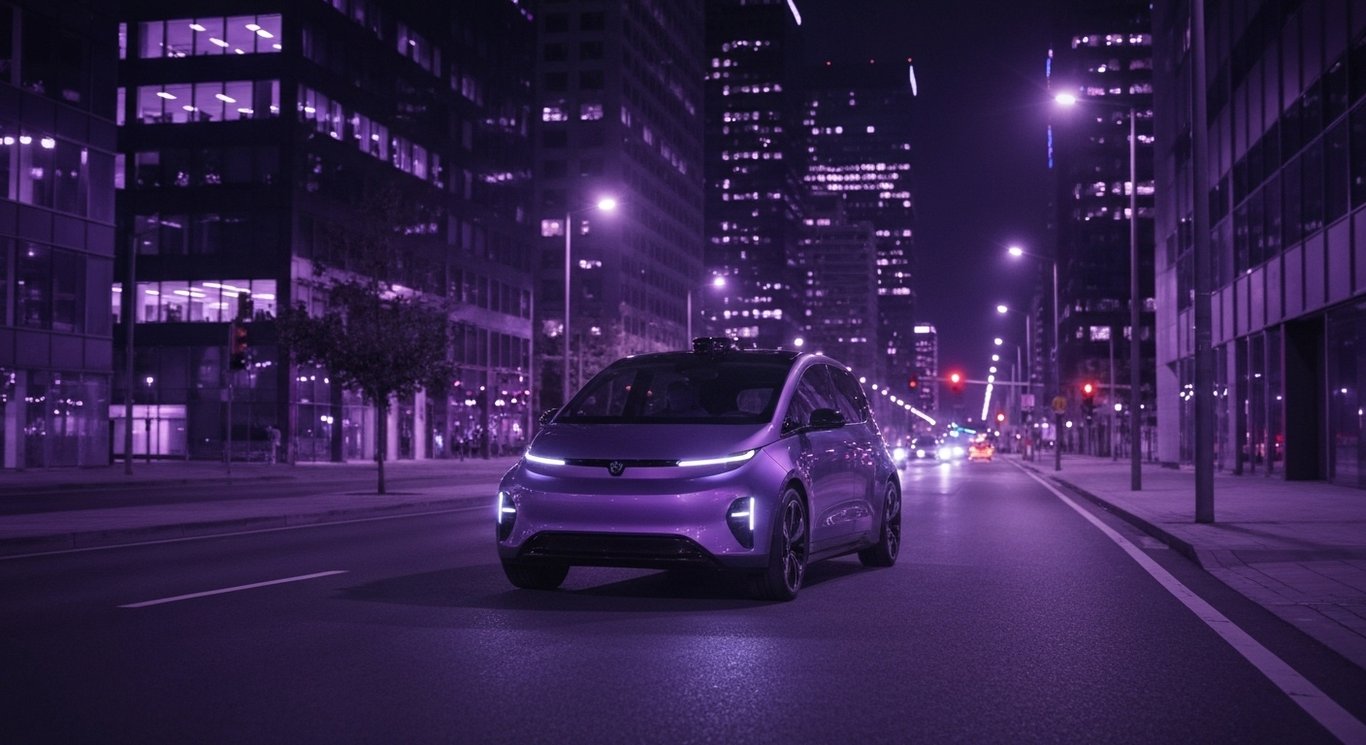 Autonomous electric vehicle driving on a city street at night with modern buildings and soft purple lighting