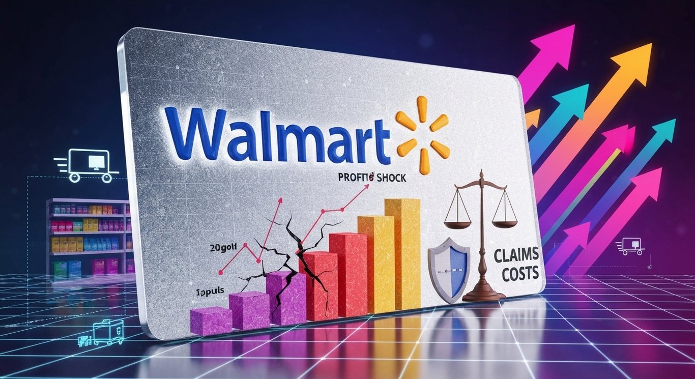 Walmart profit shock and e-commerce growth visualized with subtle logo, claims cost symbols, and retail tech motifs in purple
