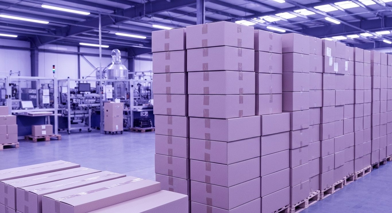 Corrugated cardboard boxes neatly stacked in a warehouse with a soft purple industrial background